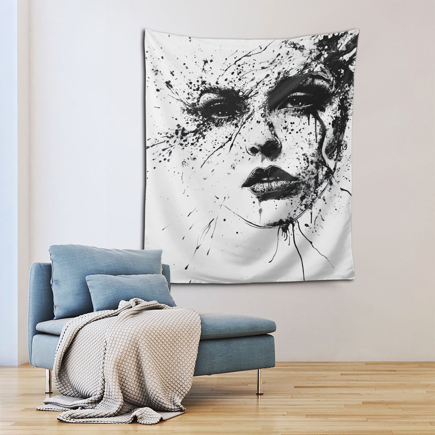 Abstract Face Art Wall Tapestry - 60x51 Inches, Black and White Minimalist Home Decoration