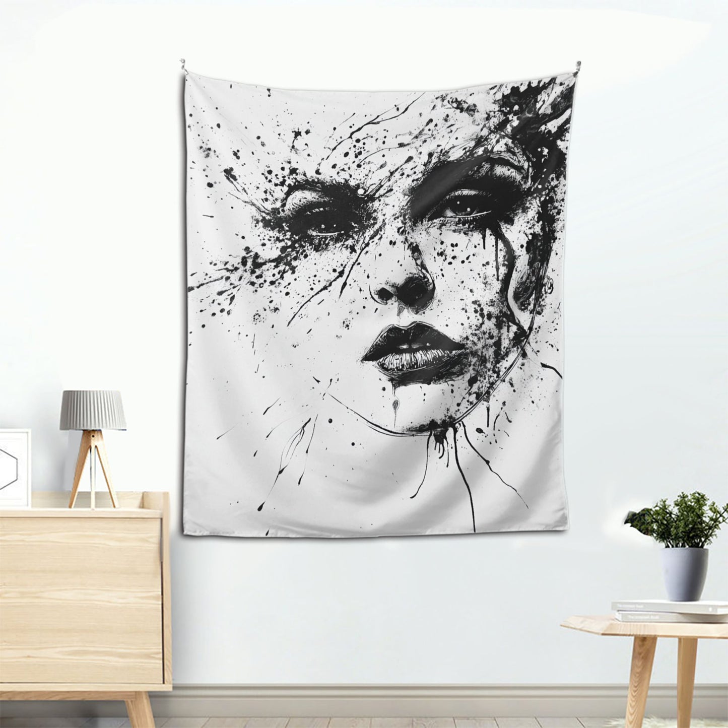 Abstract Face Art Wall Tapestry - 60x51 Inches, Black and White Minimalist Home Decoration