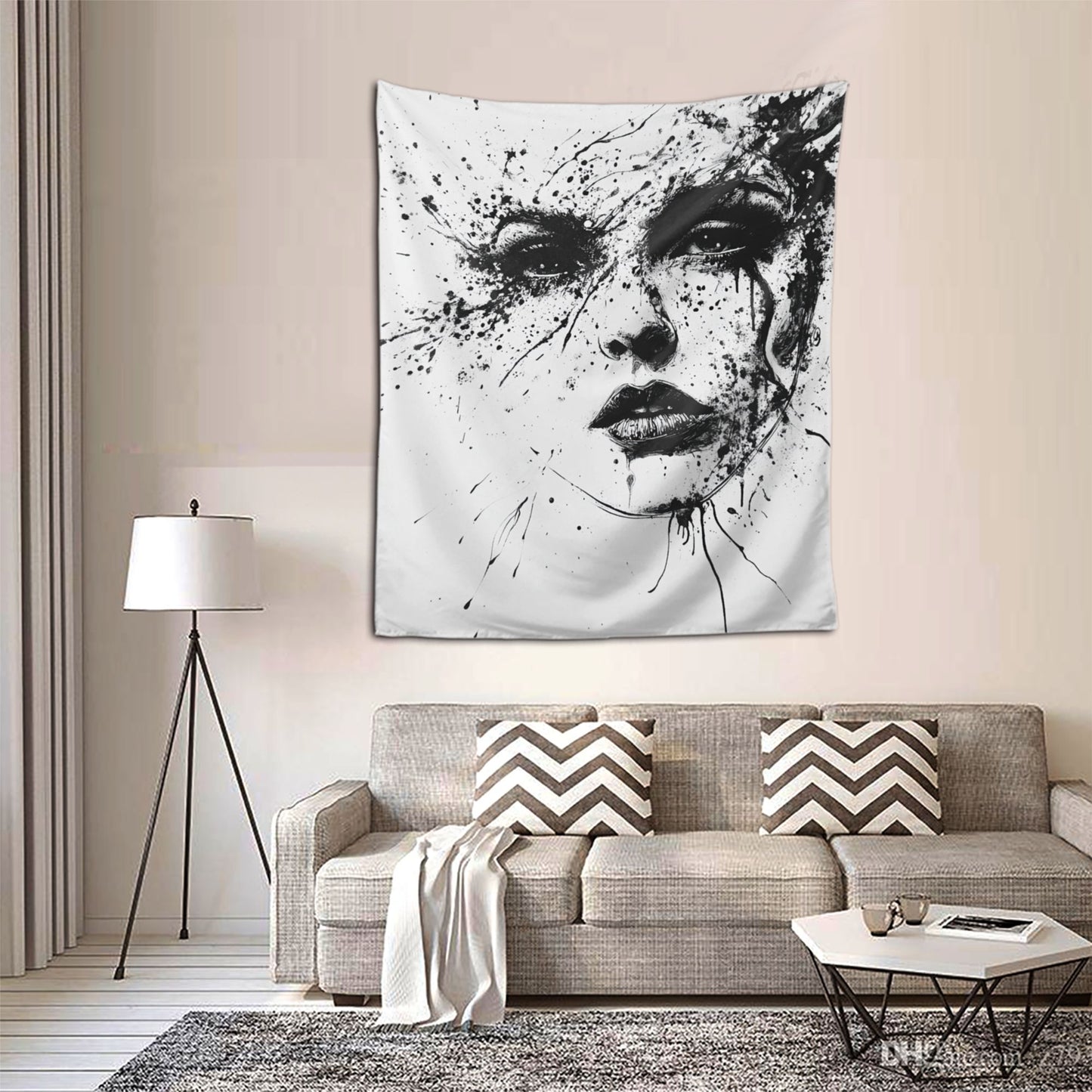 Abstract Face Art Wall Tapestry - 60x51 Inches, Black and White Minimalist Home Decoration