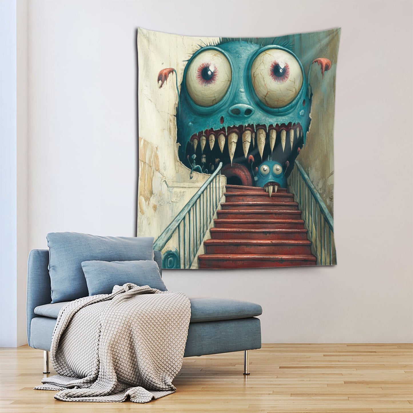 Horror Monster Staircase Wall Tapestry - 60x51 Inches, Unique and Creative Home Decoration