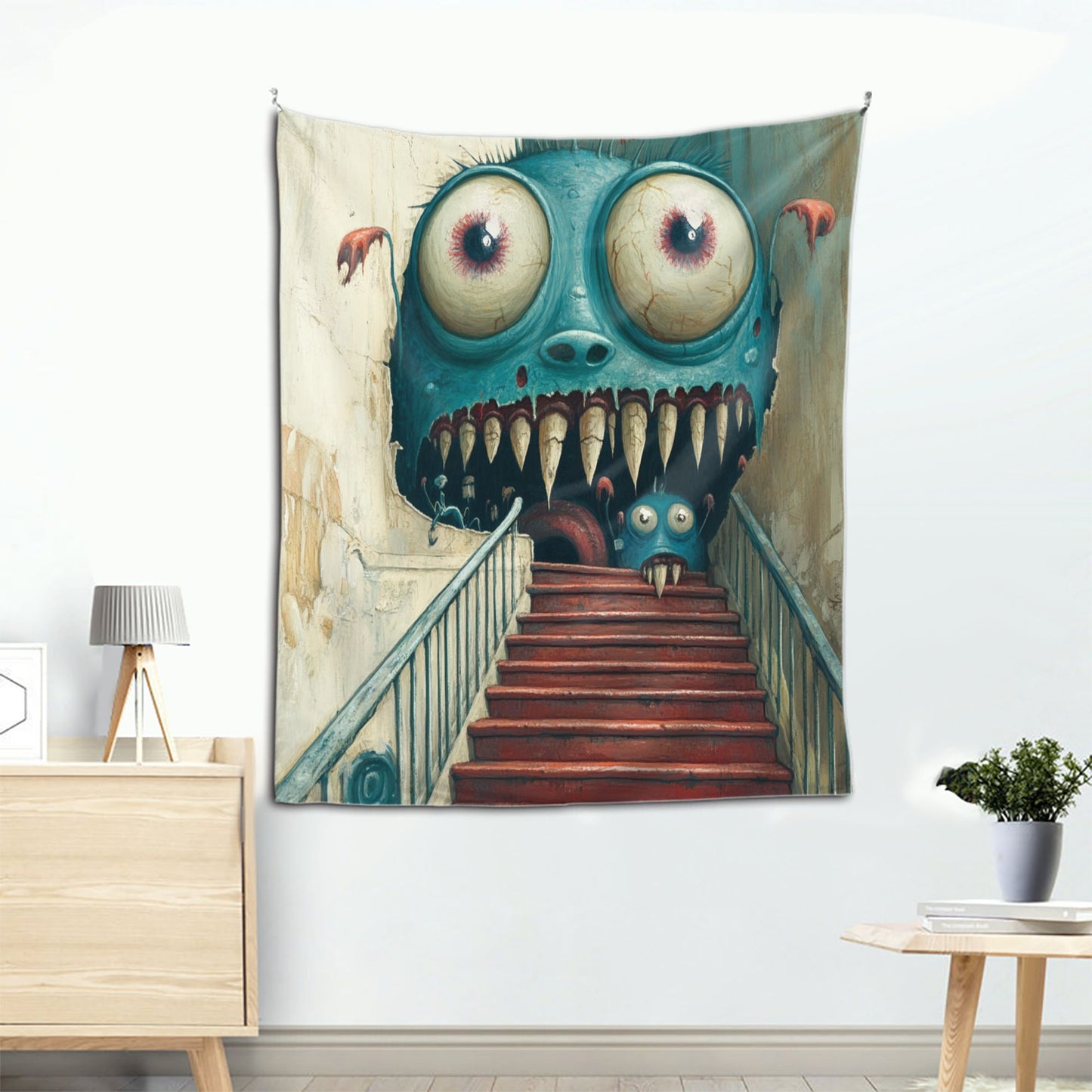 Horror Monster Staircase Wall Tapestry - 60x51 Inches, Unique and Creative Home Decoration