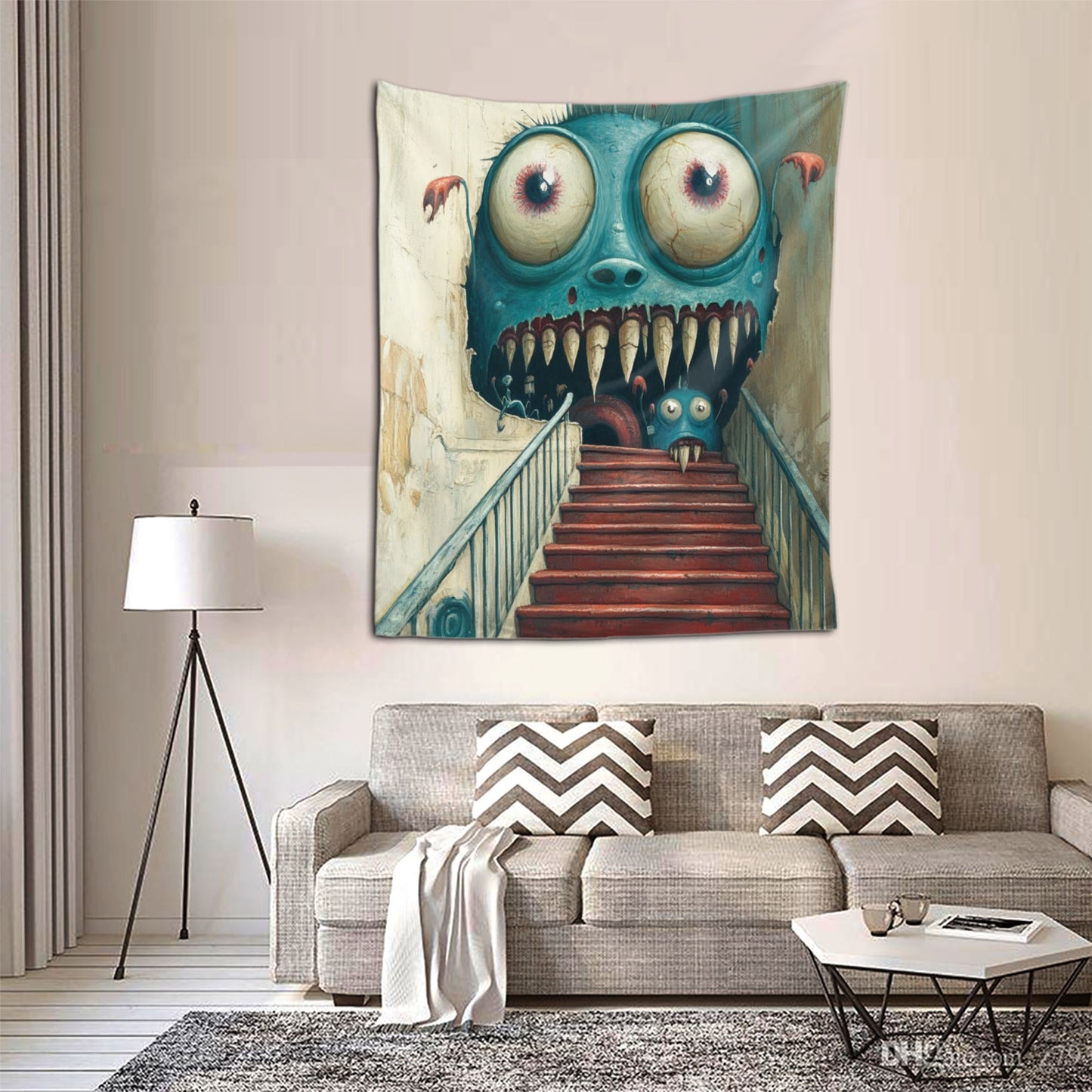 Horror Monster Staircase Wall Tapestry - 60x51 Inches, Unique and Creative Home Decoration