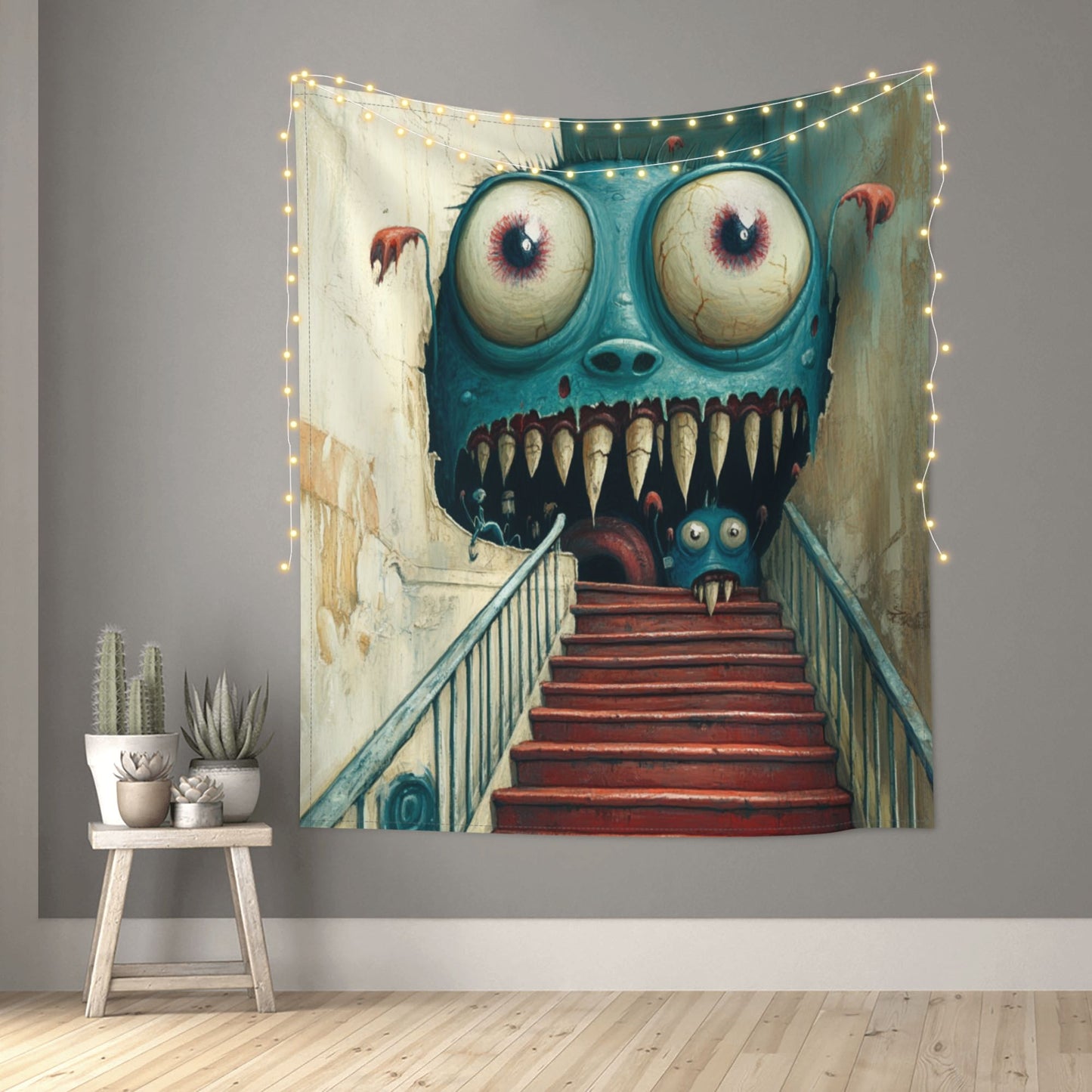 Horror Monster Staircase Wall Tapestry - 60x51 Inches, Unique and Creative Home Decoration